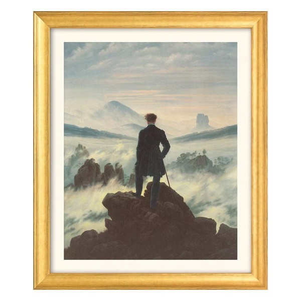 Caspar David Friedrich: Bild Der Wanderer über dem Nebelmeer (1818) - goldfarben gerahmt